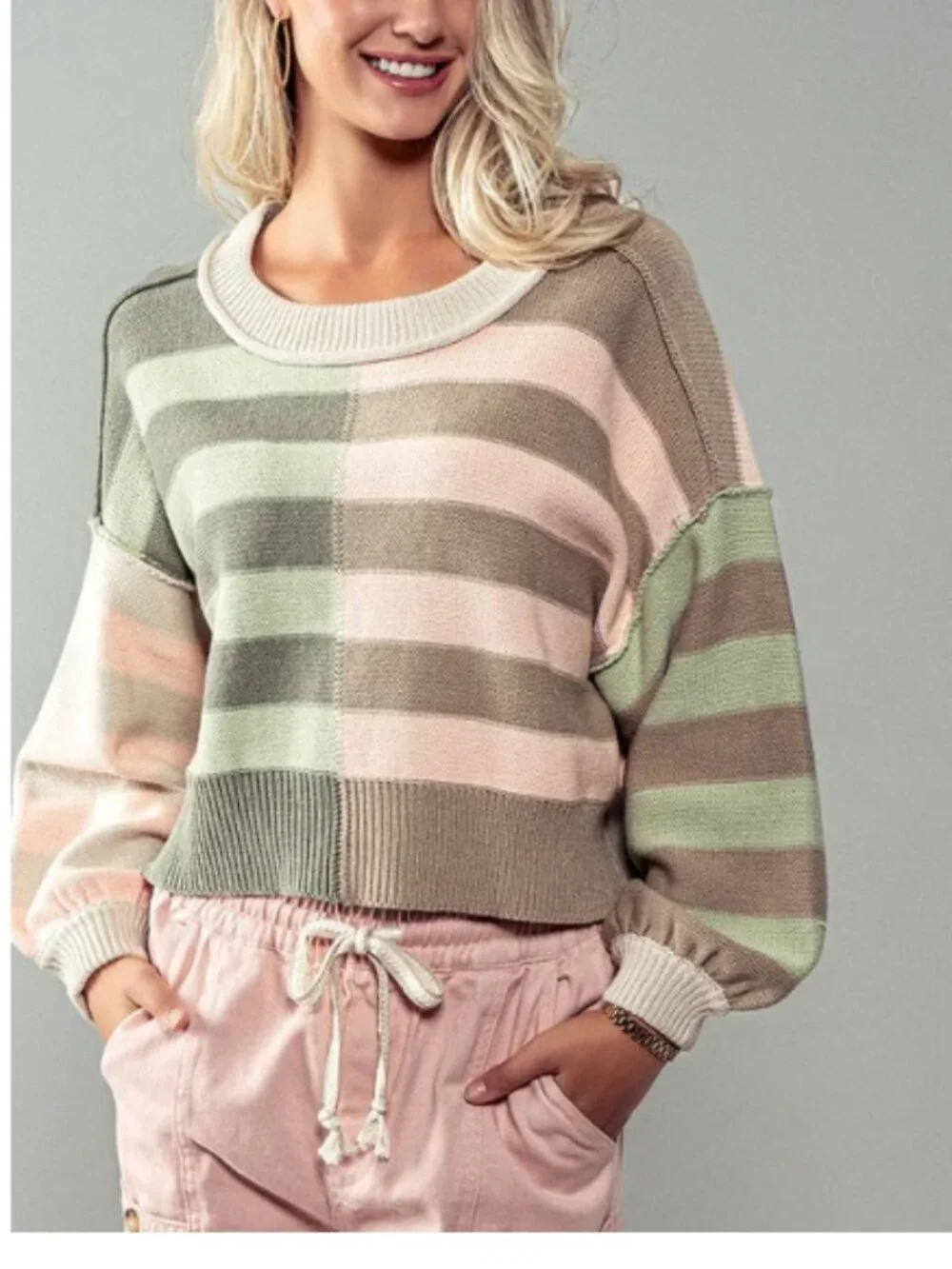 Papermoon LIKE NEW bold pastel stripe balloon sleeve crop sweater size S boxy